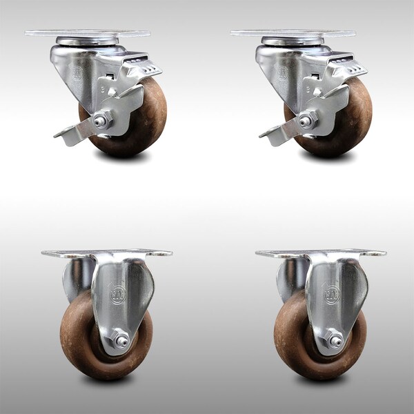 Service Caster 3 Inch SS High Temp Glass Filled Nylon Top Plate Caster Set with 2 Brake 2 Rigid SCC-SS20S314-GFNSHT-TLB-2-R-2 - main